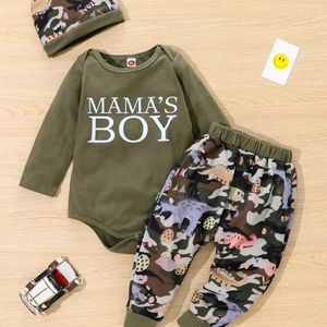 Baby Boy Letter Graphic Bodysuit&Cartoon Dinosaur Print Pants with cap 3pcs Set